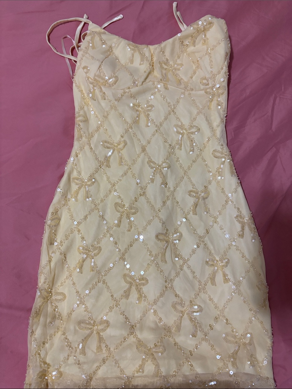 Cream Sequin Bow Slip Mini Dress